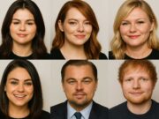 Collage of round-faced celebrities like Selena Gomez and Leonardo DiCaprio