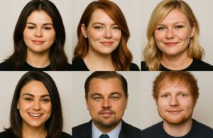 Collage of round-faced celebrities like Selena Gomez and Leonardo DiCaprio