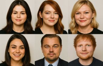 Celebrities with Round Faces – 10 Inspiring Stars Collage of round-faced celebrities like Selena Gomez and Leonardo DiCaprio