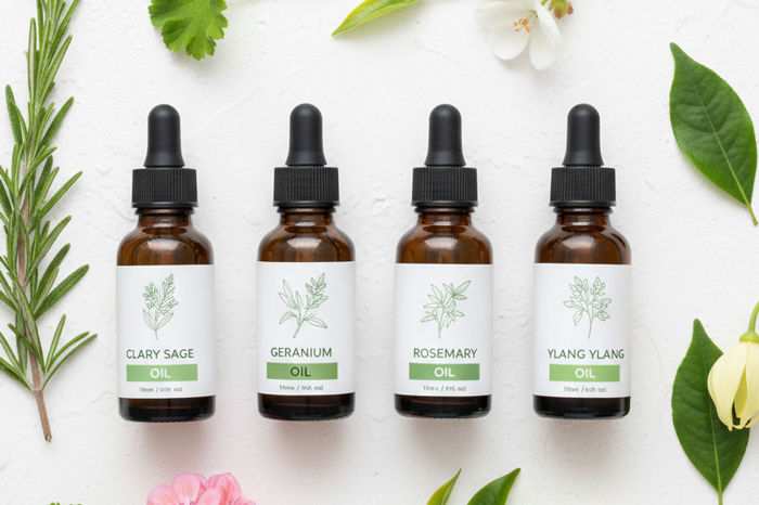 Clary sage, geranium, rosemary, ylang ylang essential oil bottles