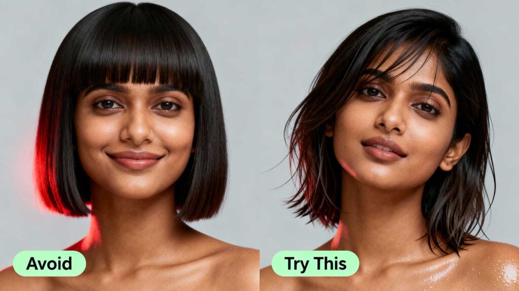 A comparison image showing flattering side-swept bangs for a round face versus unflattering heavy, straight-across bangs