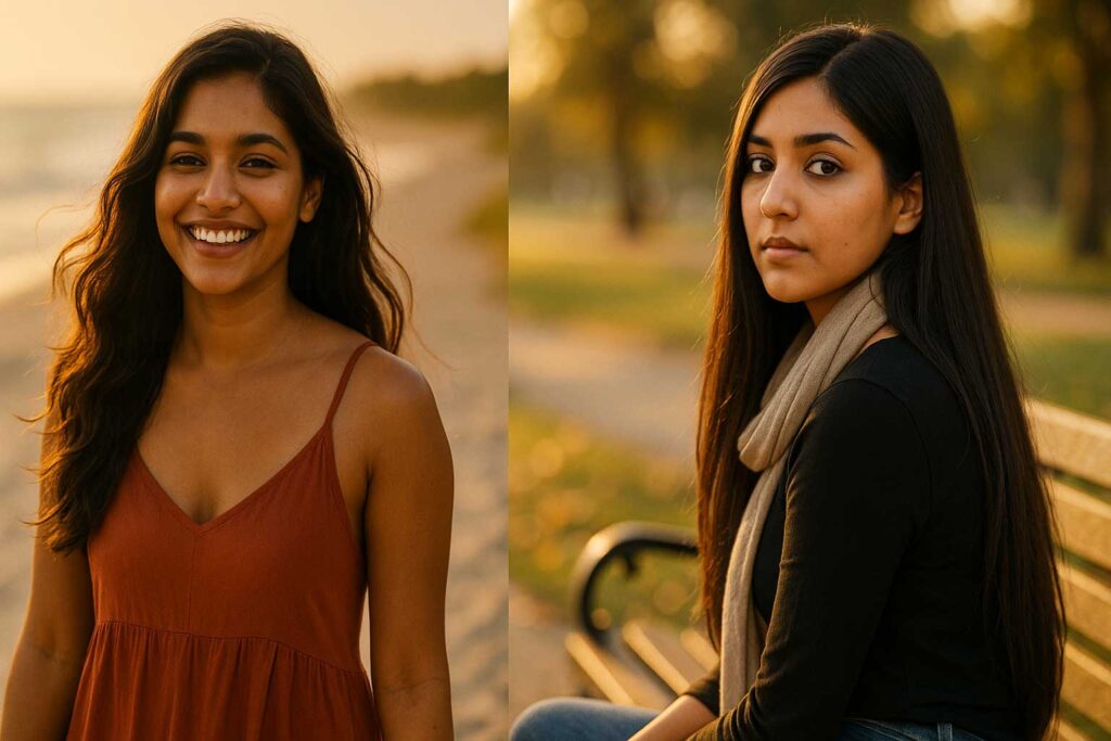 An Indian woman with a round face showcasing a beautiful long hairstyle with soft waves and face-framing layers.