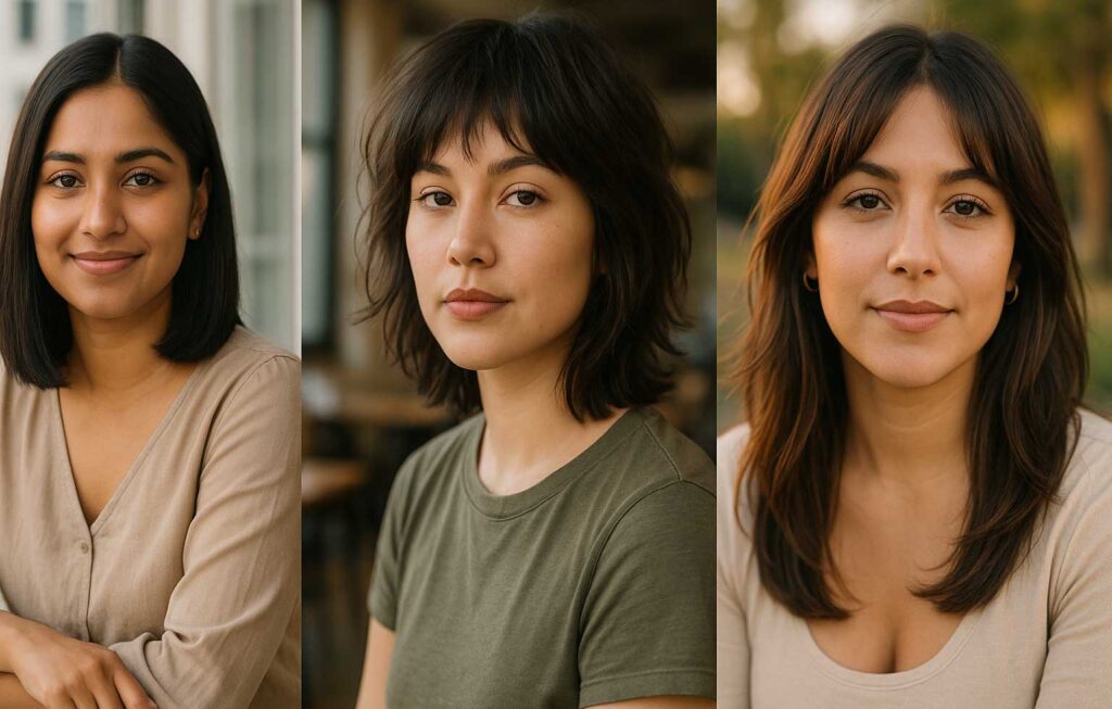 A gallery of medium-length haircuts for round faces, including a modern shag and a collarbone-length lob with curtain bangs.