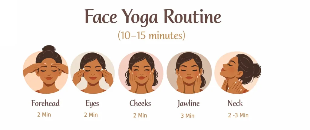 Infographic showing a complete face yoga routine for beginners