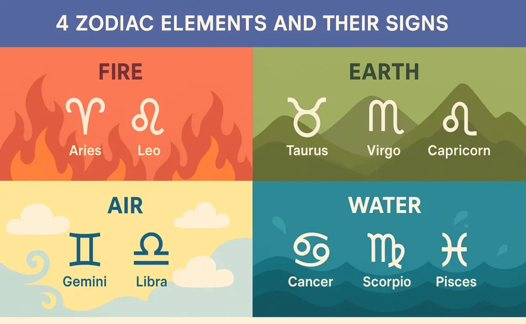 four astrological elements fire earth air water with corresponding zodiac signs