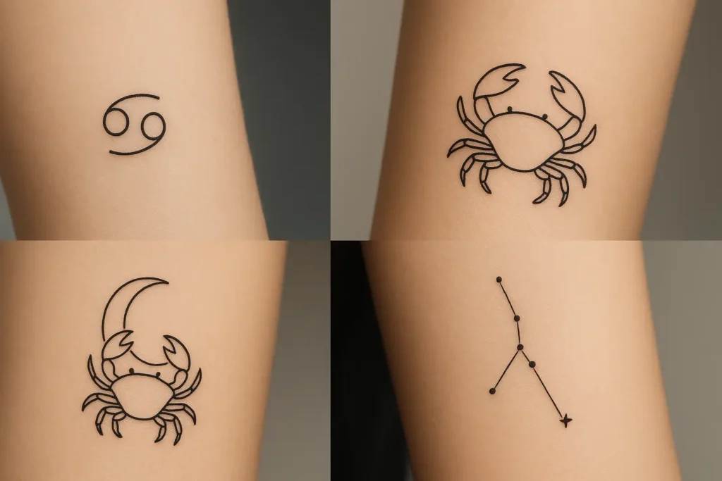 Cancerian tattoos featuring Cancer glyph, crab symbol, moon imagery, and constellation designs.