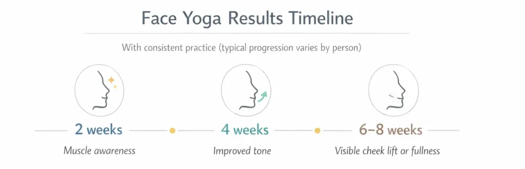 Face yoga results timeline showing changes from 2 weeks to 8 weeks