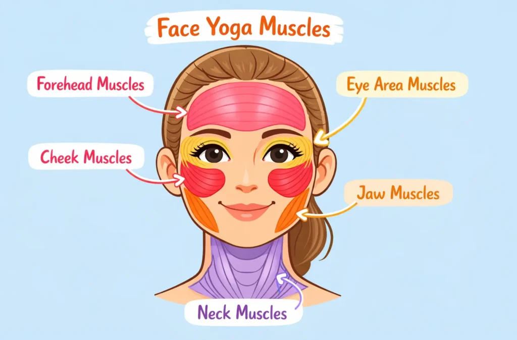 Diagram showing facial muscles activated during face yoga exercises