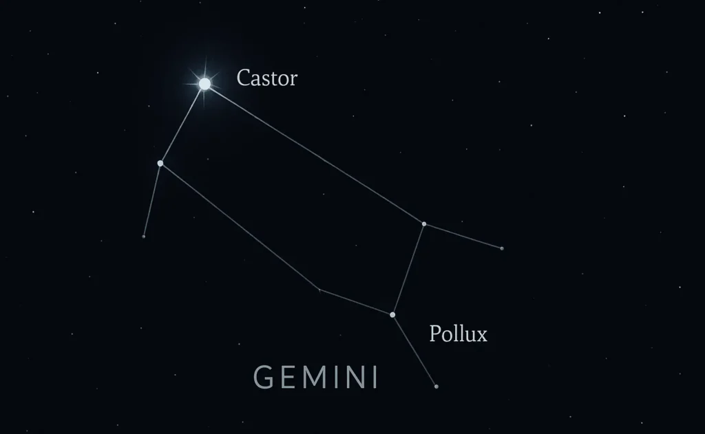 Gemini constellation showing Castor and Pollux as the twin stars.