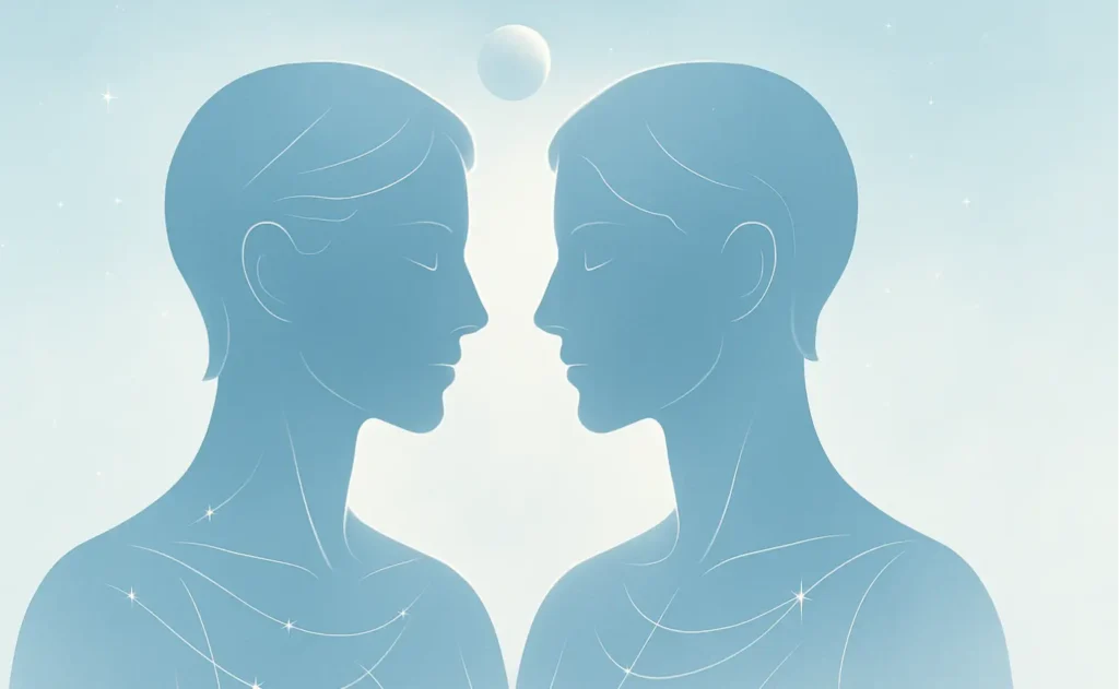 Gemini zodiac sign symbol showing the twins with Mercury theme in an airy sky. ​