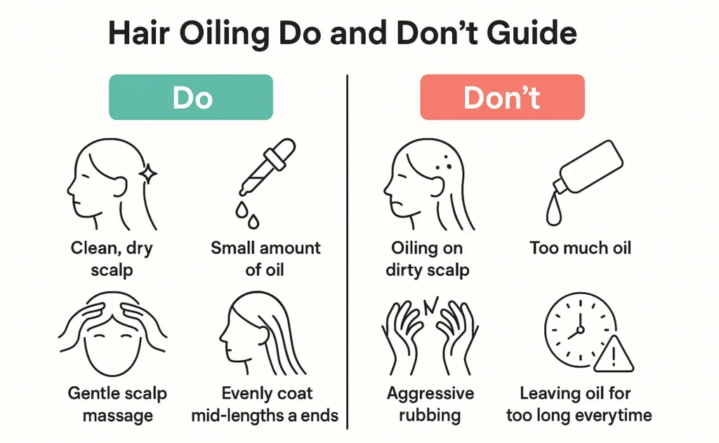 Infographic showing common hair oiling mistakes and correct practices