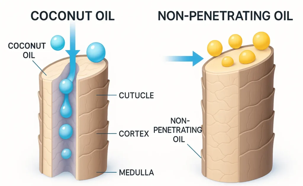Illustration showing how coconut oil penetrates the hair shaft compared to other oils