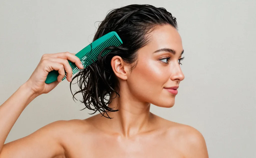 Indian woman gently applying hair oil to scalp at home