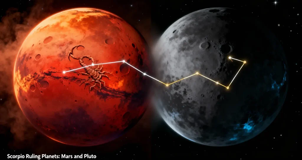 The ruling planets of Scorpio: Mars representing action and Pluto representing transformation.
