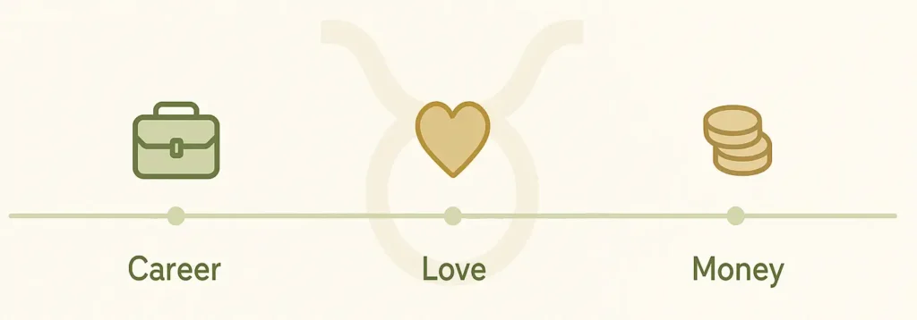 Timeline graphic summarizing Taurus horoscope 2025 for career, love, and finances.