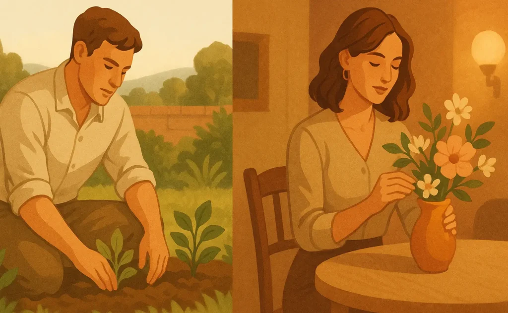 Visual comparison of Taurus man and Taurus woman showing steady, caring, and comfort-loving traits.