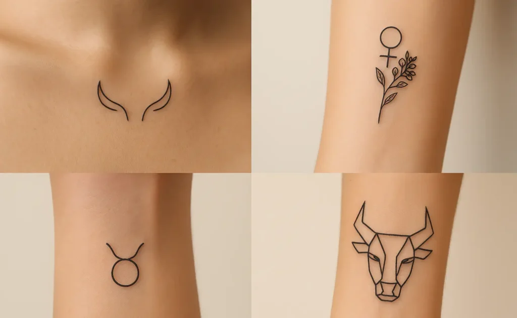 Collage of Taurus tattoo designs including bull horns, Venus symbol with flowers, and Taurus glyph.