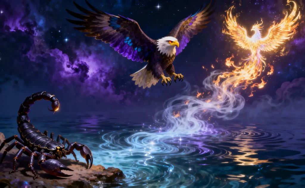 Artistic representation of Scorpio's three symbols: the scorpion, eagle, and phoenix.