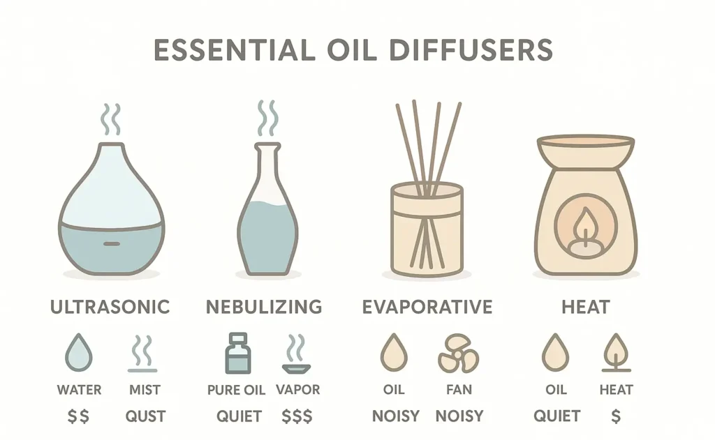 Comparison of ultrasonic, nebulizing, evaporative, and heat essential oil diffusers showing how each type works