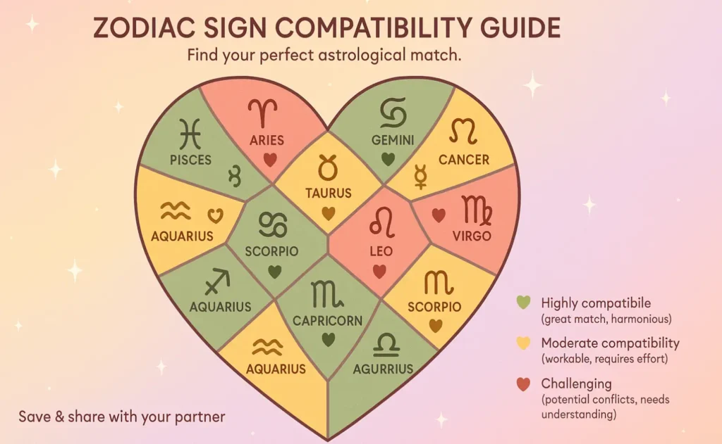 astrological sign compatibility chart showing romantic matches between zodiac signs