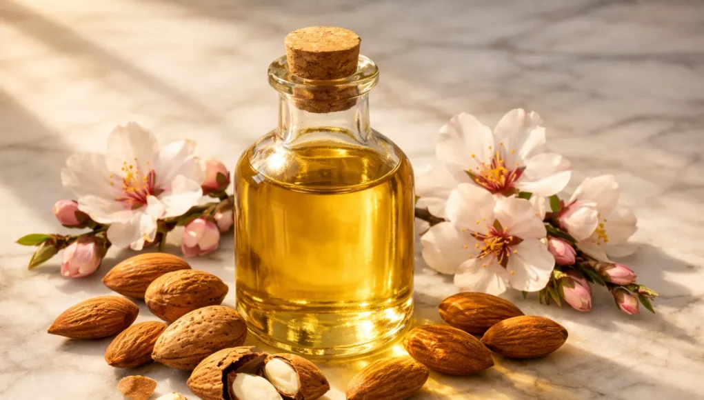 Pure almond oil bottle with almonds showing natural skincare and hair care benefits