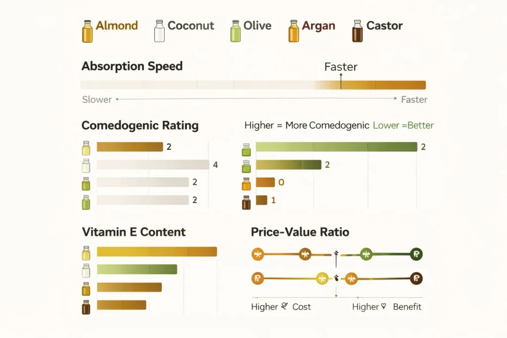 Comparison chart showing almond oil advantages in absorption, vitamin E content, and comedogenic rating