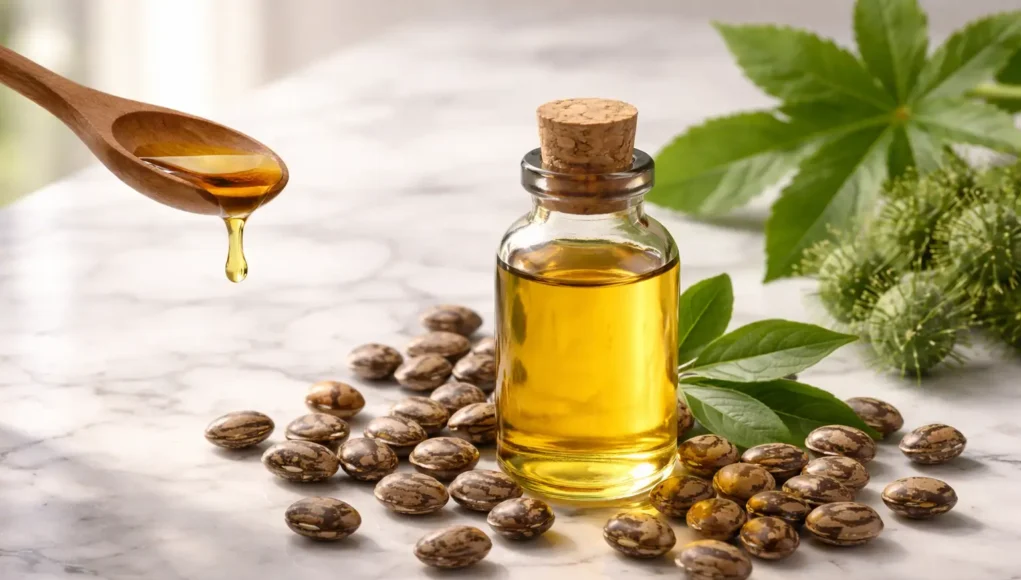 Castor oil bottle with ricinus communis beans showing natural health benefits