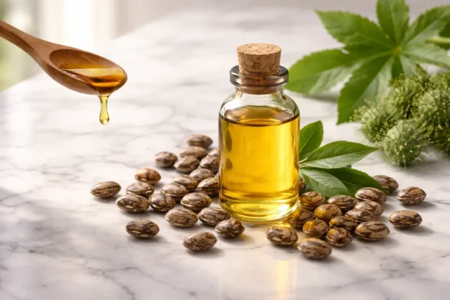 Castor Oil Benefits: The Ultimate Evidence-Based Guide for Skin, Hair, Pain & More Castor oil bottle with ricinus communis beans showing natural health benefits