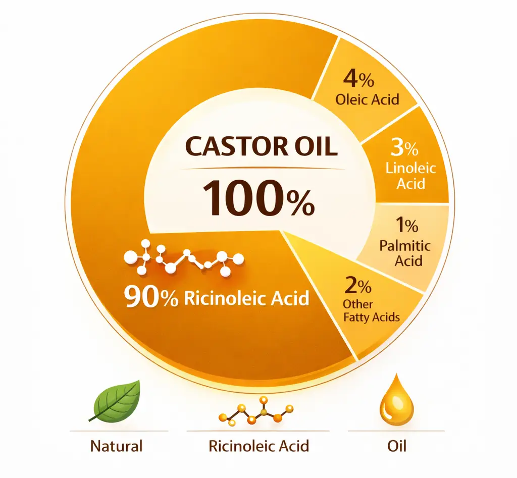 Infographic showing 90% ricinoleic acid composition of castor oil