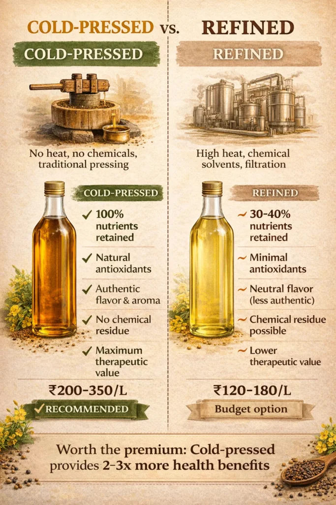 Cold pressed vs refined mustard oil comparison showing health benefits and extraction methods