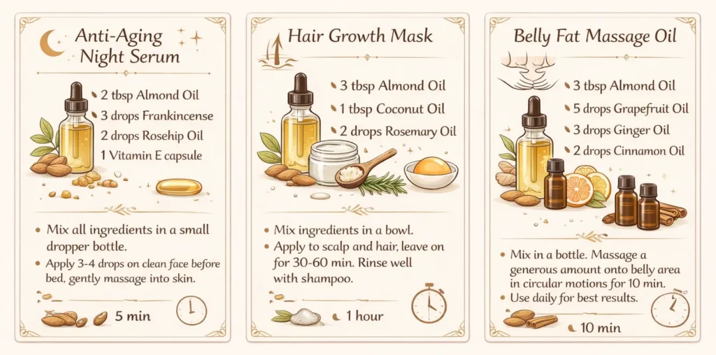 Three almond oil blend recipes for anti-aging, hair growth, and body massage