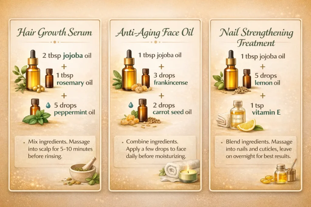 Three jojoba oil blend recipes for hair growth, anti-aging, and nail strengthening