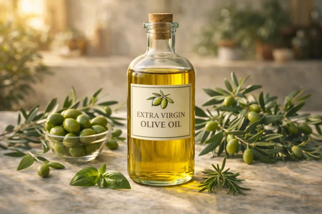 Extra virgin olive oil bottle with fresh olives and herbs showing health benefits for heart, skin and hair