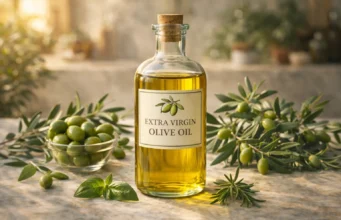 15+ Olive Oil Benefits: Evidence-Based Guide for Indian Families Extra virgin olive oil bottle with fresh olives and herbs showing health benefits for heart, skin and hair
