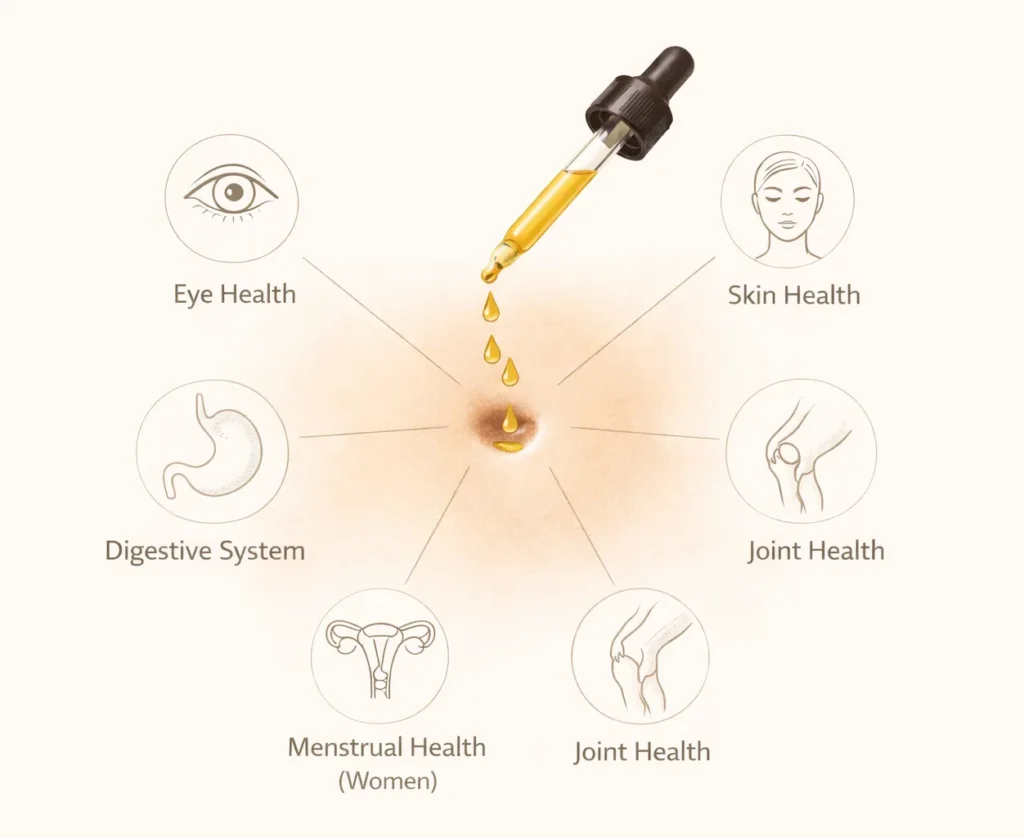 Anatomical diagram showing navel oiling practice with almond oil and connected health benefits
