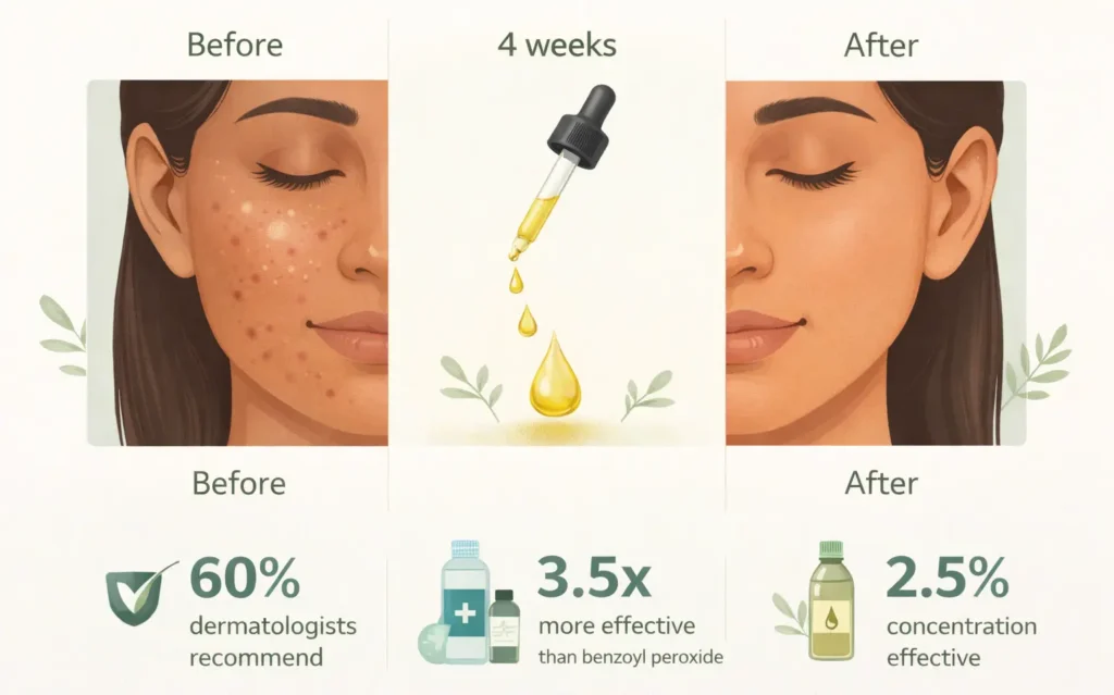 Tea tree oil benefits for skin showing acne treatment results and dark spot reduction