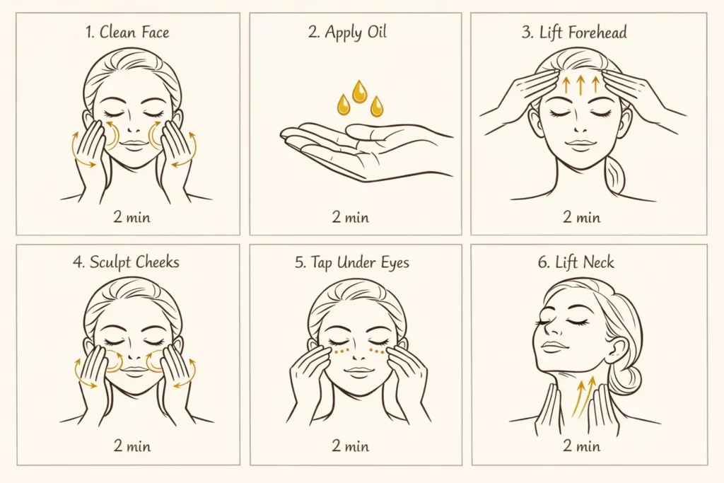 Six-step tutorial showing proper almond oil facial massage technique for anti-aging and skin glow