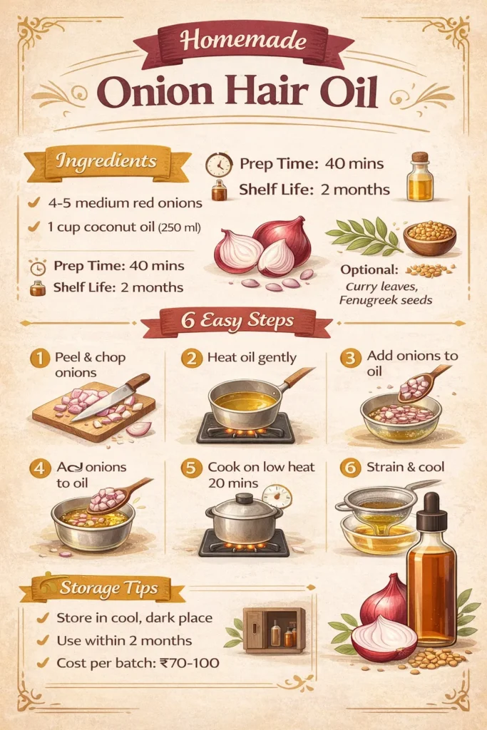 DIY onion hair oil recipe with ingredients, step-by-step instructions and storage tips