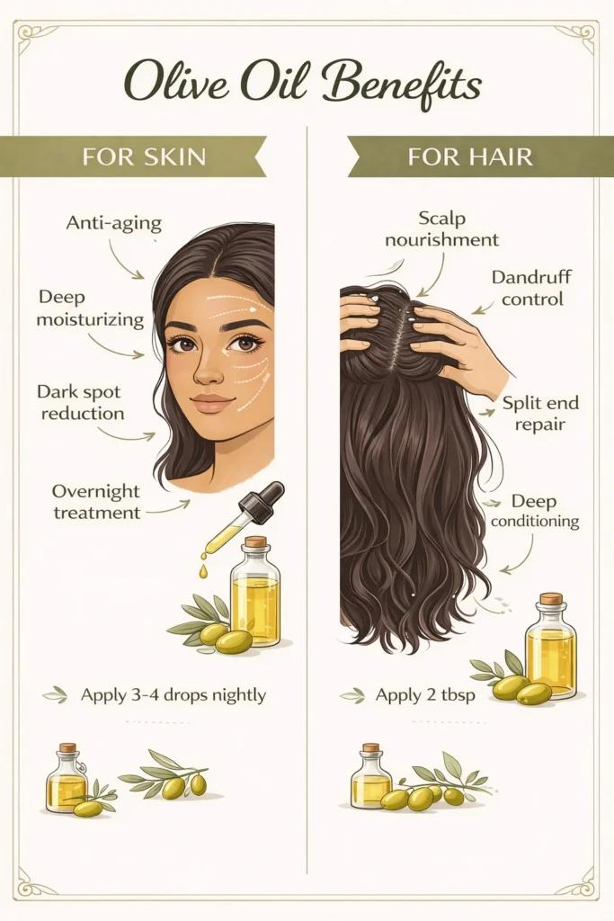 Olive oil benefits for skin and hair application guide showing face and scalp treatment methods