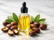 Jojoba Oil Benefits: Complete Guide for Skin, Hair, Face, Nails & Lips 2026 Golden jojoba oil bottle with jojoba plant seeds showing natural beauty benefits