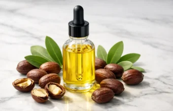 Jojoba Oil Benefits: Complete Guide for Skin, Hair, Face, Nails & Lips 2026 Golden jojoba oil bottle with jojoba plant seeds showing natural beauty benefits