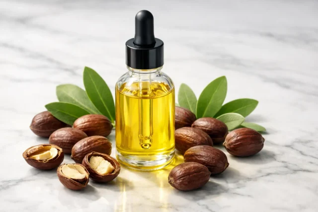 Jojoba Oil Benefits: Complete Guide for Skin, Hair, Face, Nails & Lips 2026 Golden jojoba oil bottle with jojoba plant seeds showing natural beauty benefits