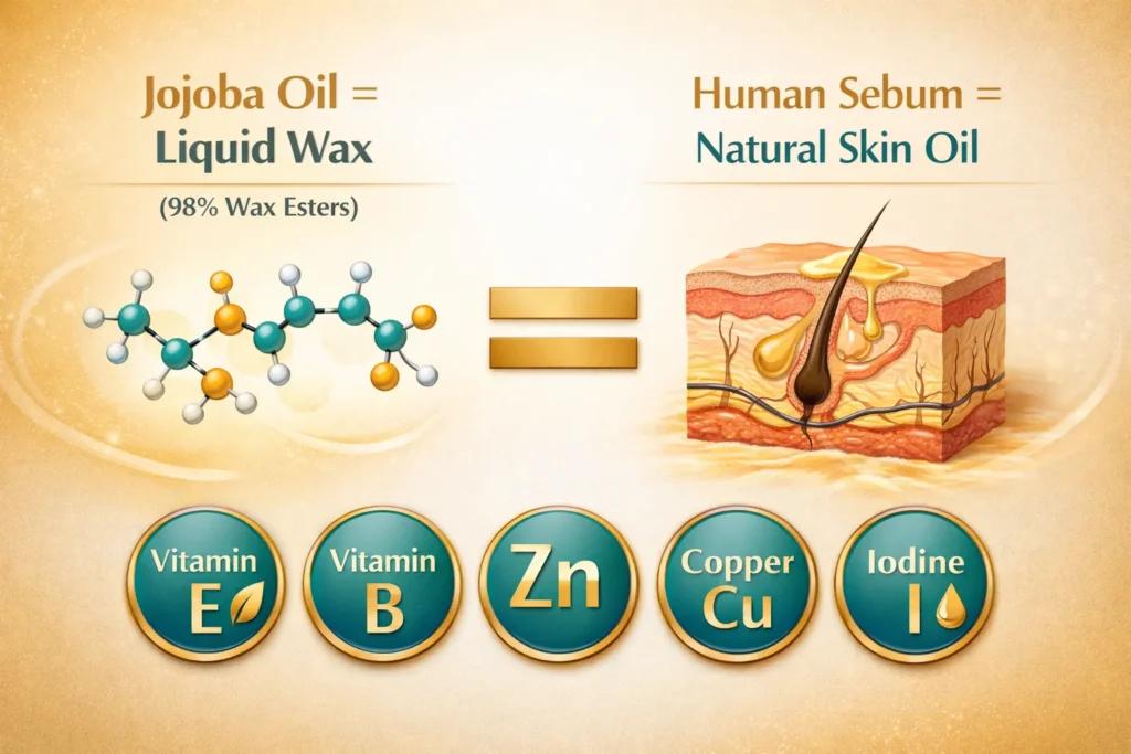 Infographic showing jojoba oil wax esters similarity to natural skin sebum