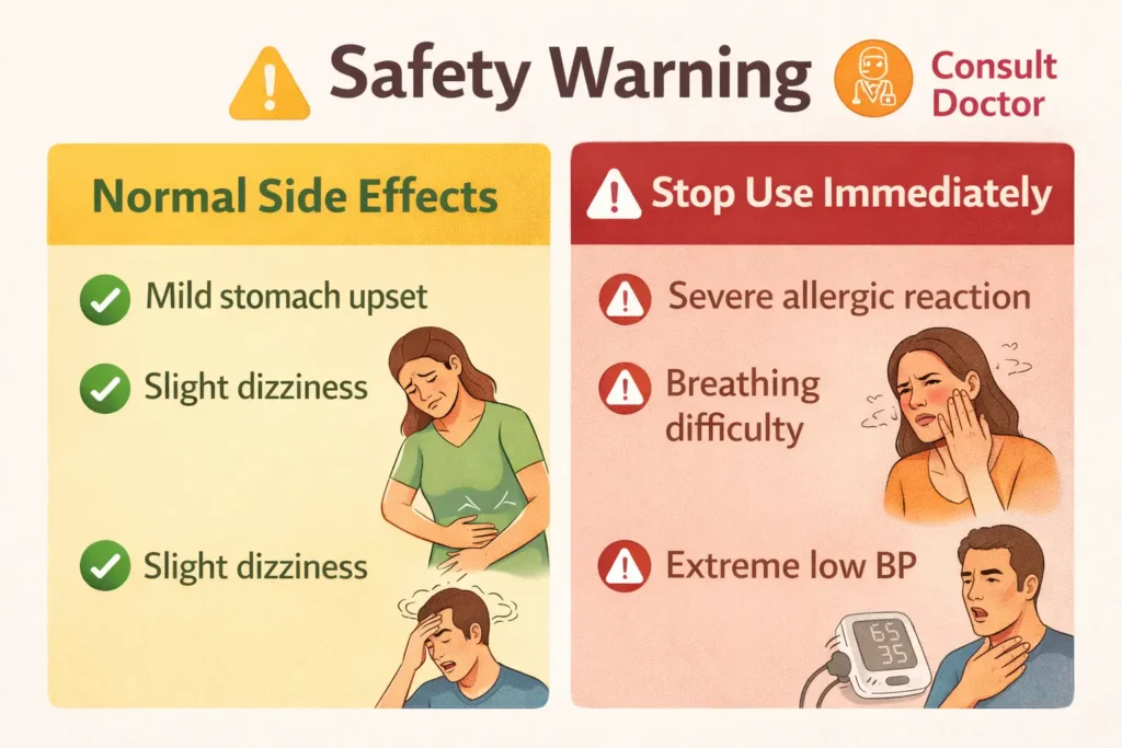 Safety guide showing normal and serious side effects of kalonji oil