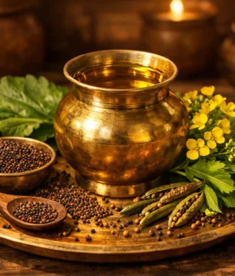 Mustard Oil Benefits: Health, Uses, Safety & Comparisons for Indians Mustard oil in traditional brass container with mustard seeds and leaves showing health benefits for Indian families