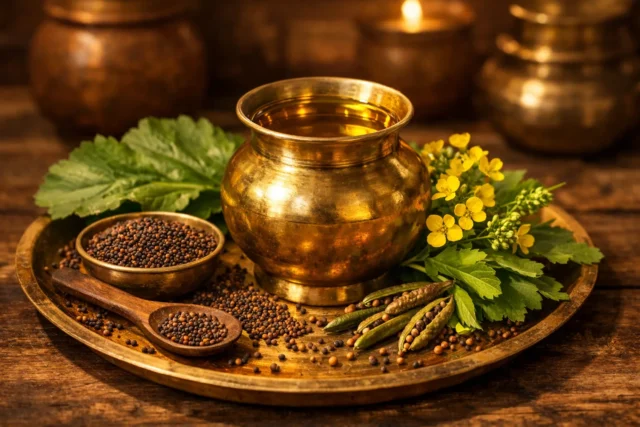 Mustard Oil Benefits: Health, Uses, Safety & Comparisons for Indians Mustard oil in traditional brass container with mustard seeds and leaves showing health benefits for Indian families