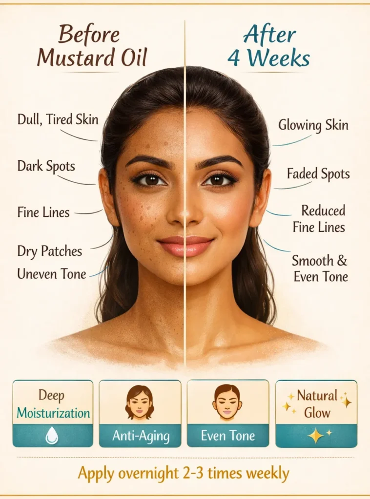 Mustard oil benefits for skin showing before after results for anti-aging and moisturizing