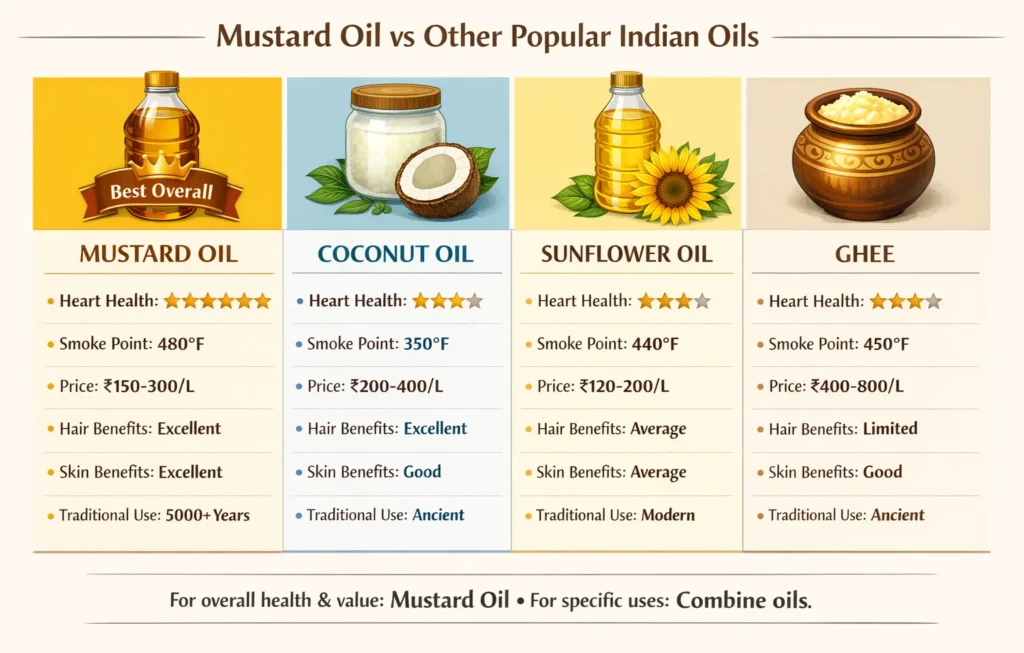 Mustard oil vs coconut oil ghee sunflower oil comparison chart for Indian cooking and health