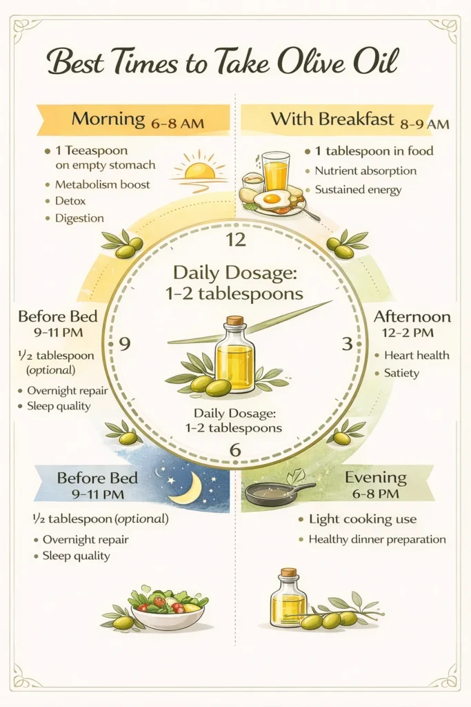 Best time to take olive oil showing morning, afternoon and evening dosage recommendations