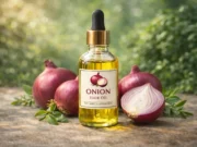Onion Hair Oil Benefits: Guide for Hair Growth & Scalp Health in India Onion hair oil bottle with fresh red onions for hair growth and scalp health benefits